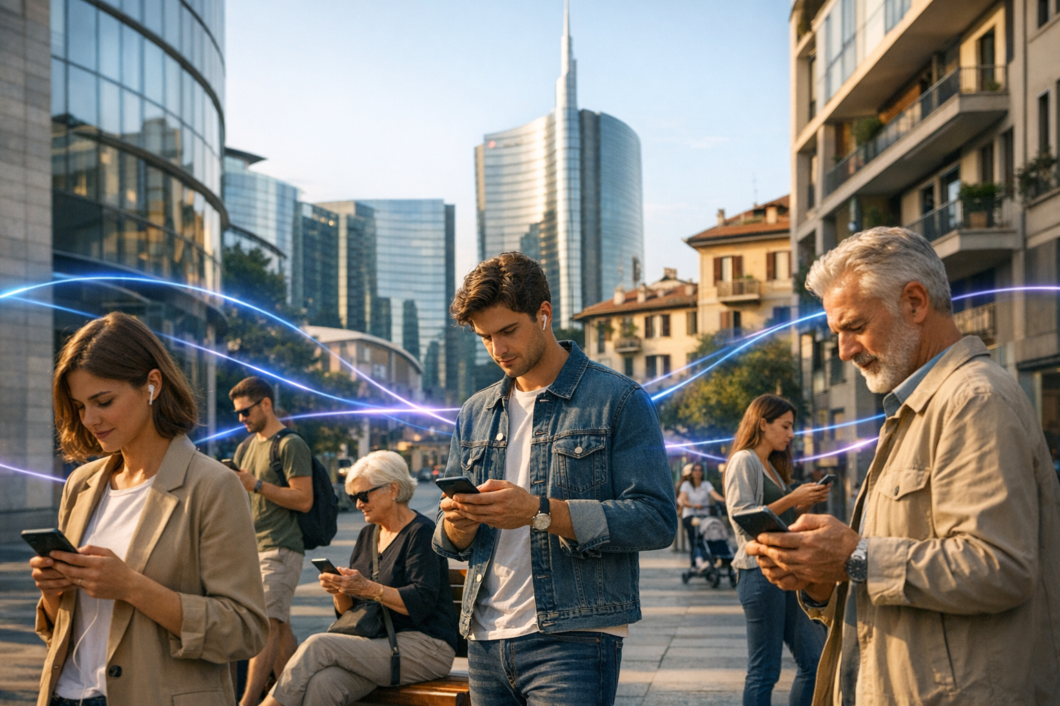 Persone in città usando smartphone con connettività 5G